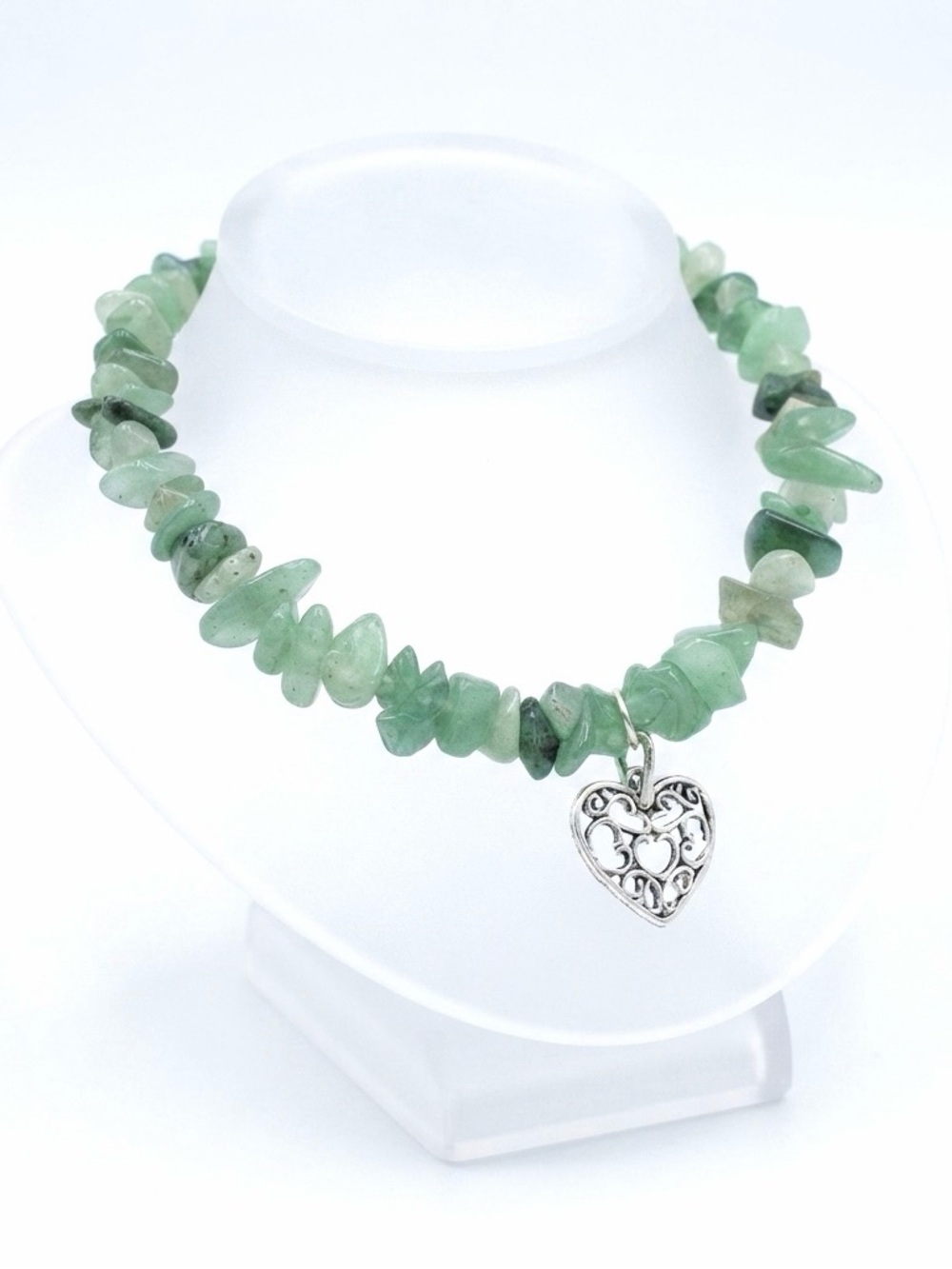 New Handmade Sterling Silver Hollowed Out Heart Green Fluorite Stretchy Bracelet